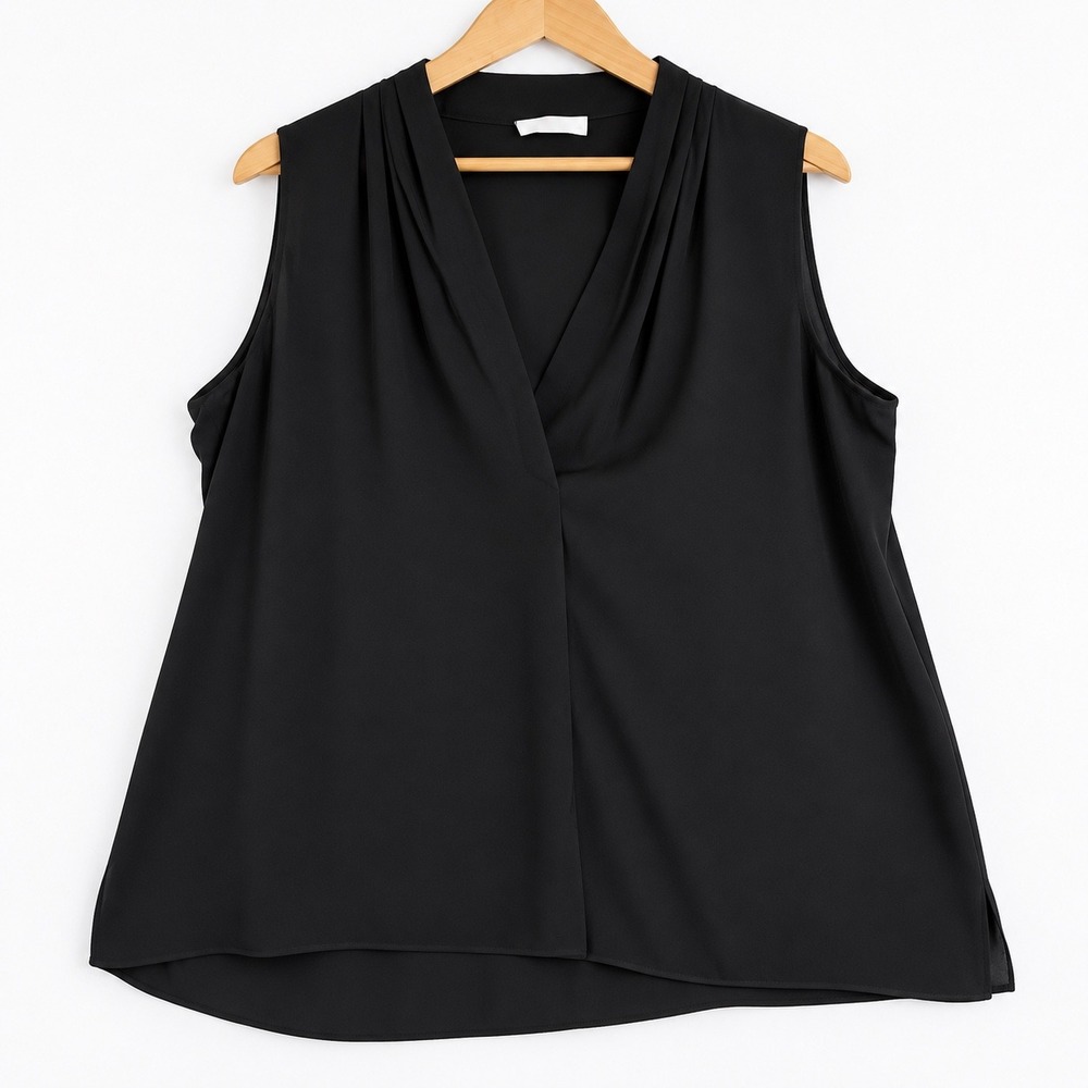 Calvin Klein Draped V-Neck Sleeveless Blouse Layered Front Black XL